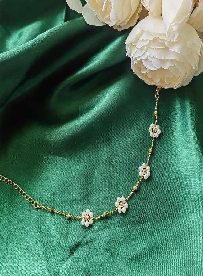 Zeffy Gold Bracelets for Women - 14K Gold Plated Pearl Daisy Flower Beaded Station Pearl Bracelets - Image 3